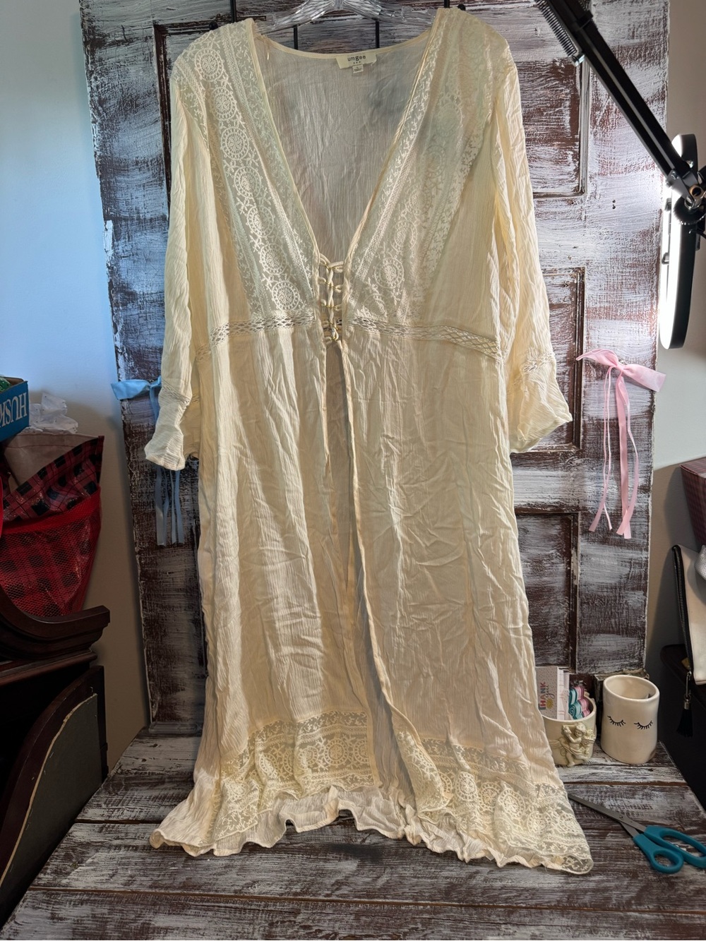 Umgee Cream Lace Trim Boho Maxi Kimono